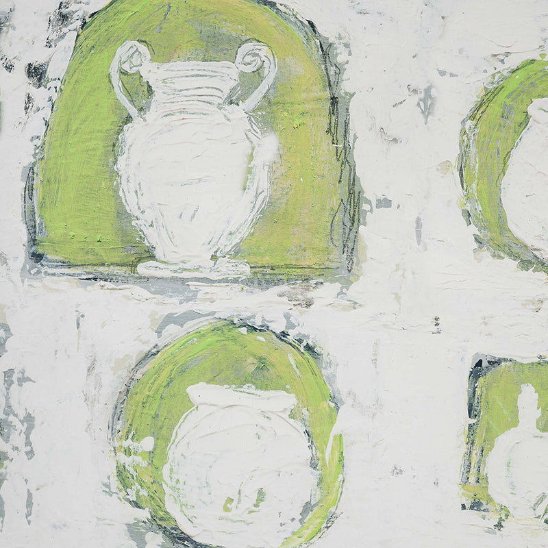 Wallpaper with an artistic depiction of urns in green and white on a textured surface.